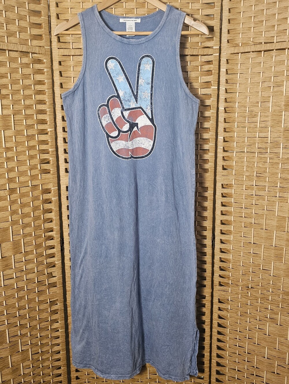 Caution To The Wind Blue Acid Wash Americana Peace Tank Dress M NWT